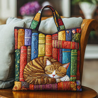 Vintage Library Cat Quilted Tote Bag