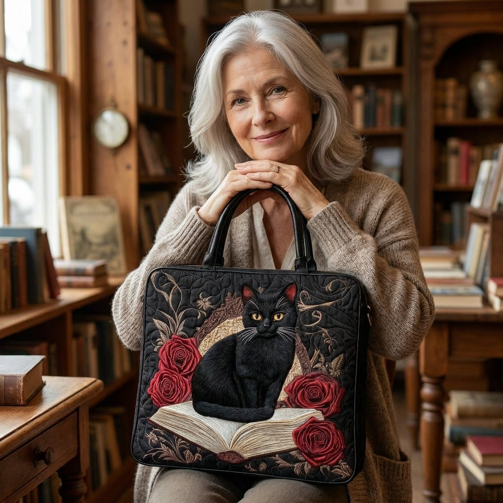 Quilted Artisan Bag - Black Cat on Books — lifestyle