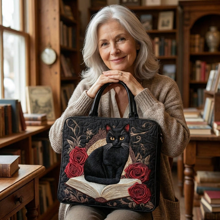 Quilted Artisan Bag - Black Cat on Books — lifestyle