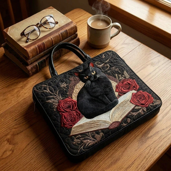 Quilted Artisan Bag - Black Cat on Books — styled