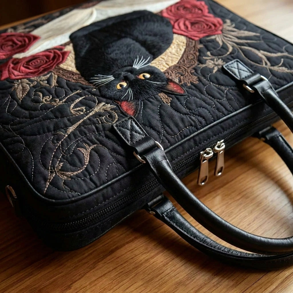 Quilted Artisan Bag - Black Cat on Books — detail