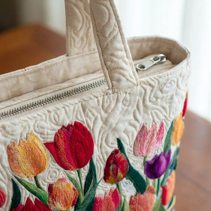Quilted Tote Bag - Tulip Garden — detail