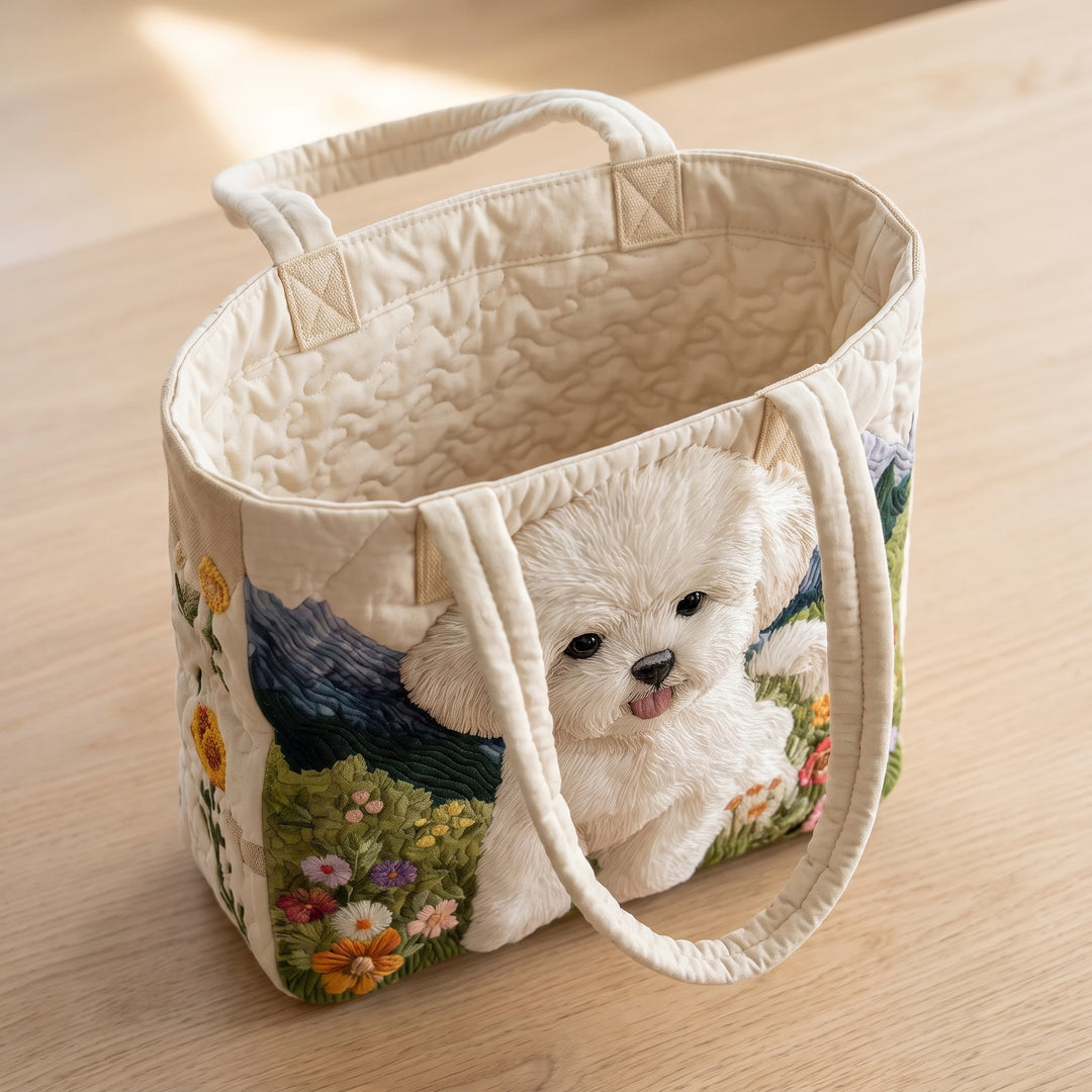 Artisan Quilted Bag - Enchanted Dog — open, showing the plain cream quilted lining