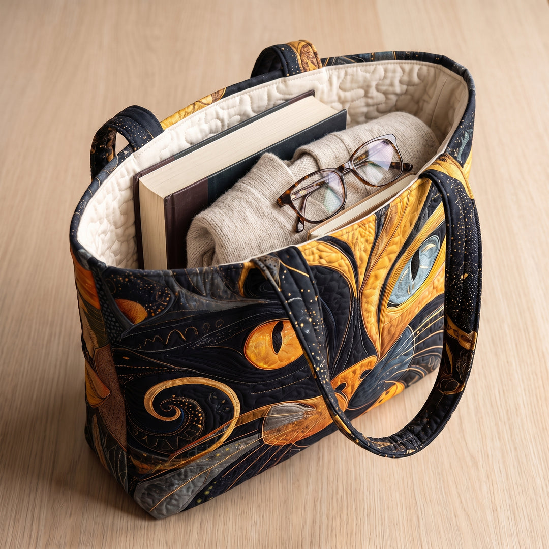 Artisanal Bag - Mystic Cat — packed with a hardback book, a folded cardigan and reading glasses
