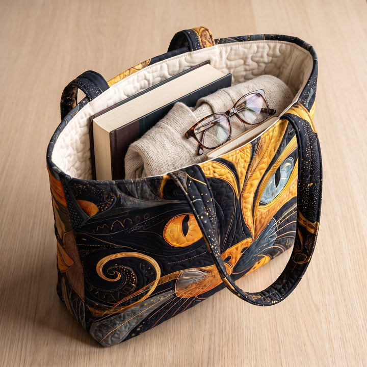 Artisanal Bag - Mystic Cat — packed with a hardback book, a folded cardigan and reading glasses