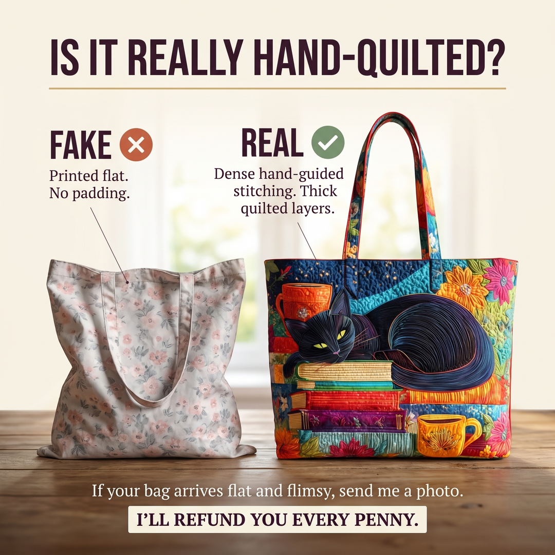 Artisan Bag - Black Cat with Books and Mugs — hand-quilted authenticity check