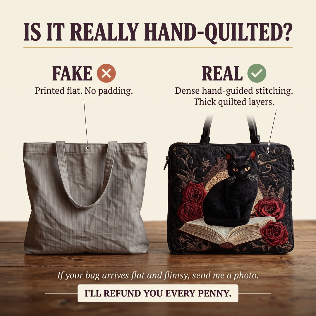 Quilted Artisan Bag - Black Cat on Books — hand-quilted authenticity check