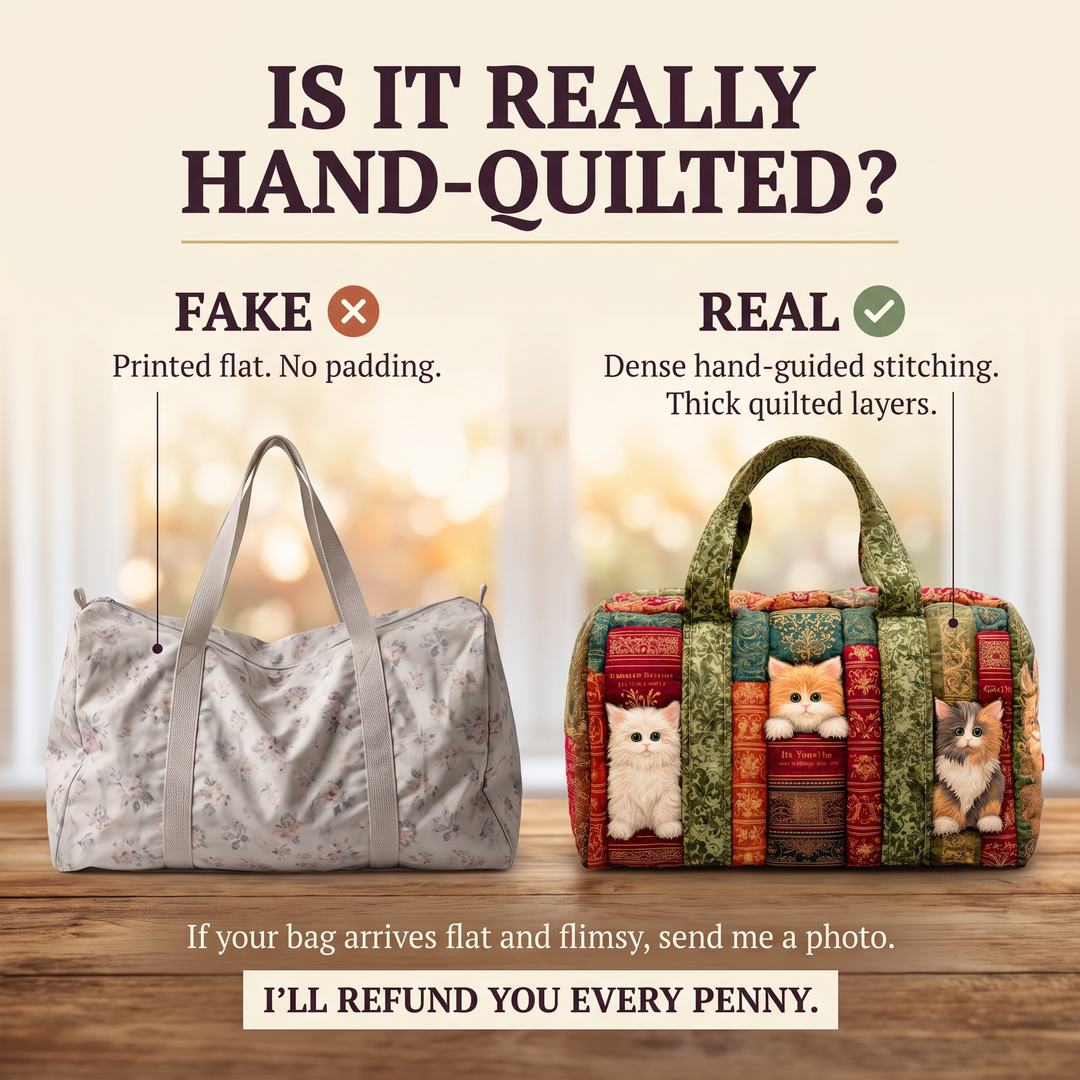 Cat Chapter Quilted Duffle Bag — hand-quilted authenticity check