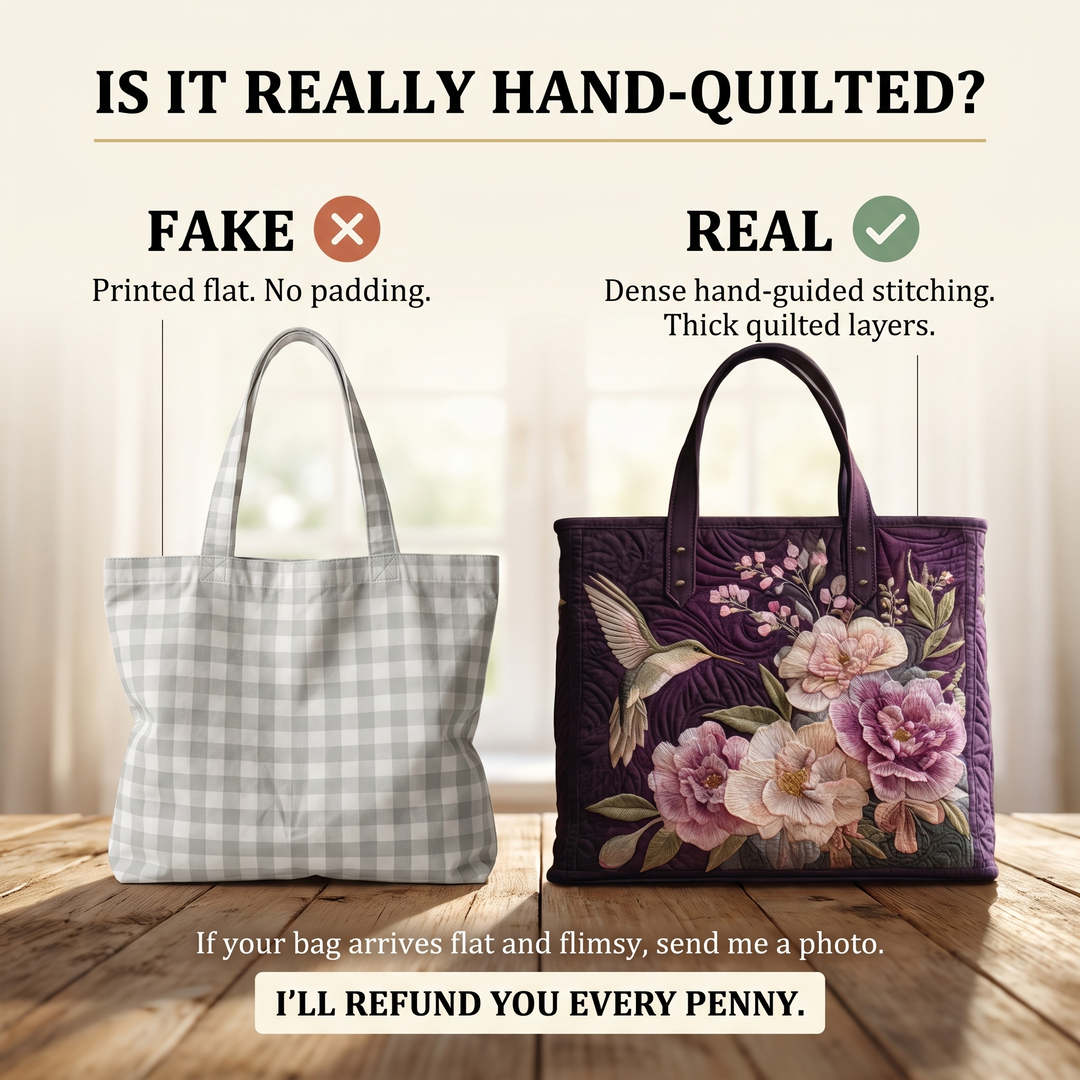 Artisanal Quilted Bag - Hummingbirds and Orchids — hand-quilted authenticity check