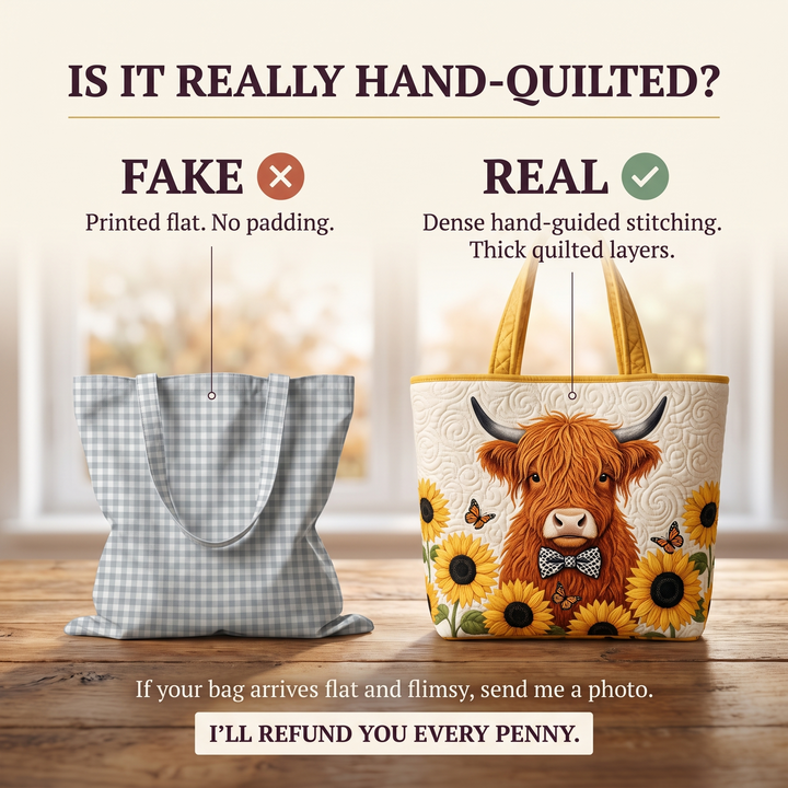 Quilted Bag - Highland Cow with Sunflowers — hand-quilted authenticity check