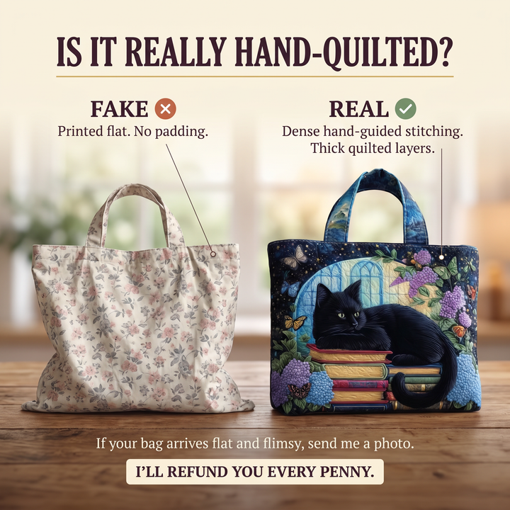Artisanal Bag - Black Cat on Books — hand-quilted authenticity check