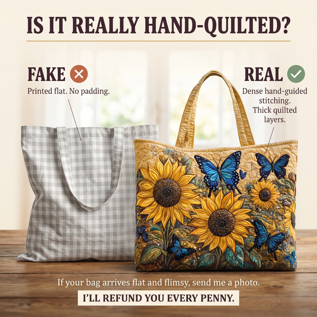 Artisan Bag - Sunflowers and Blue Butterflies — hand-quilted authenticity check