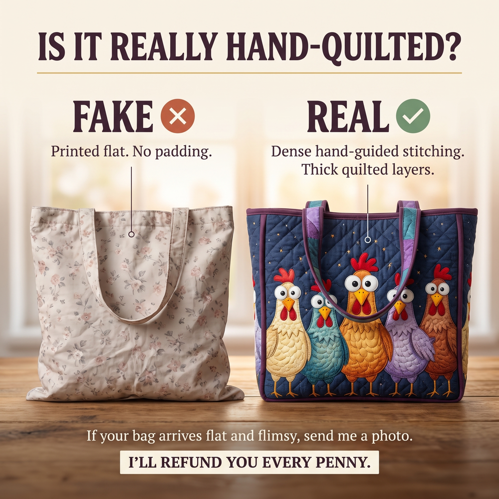 Artisan Bag - Five Colorful Chickens — hand-quilted authenticity check