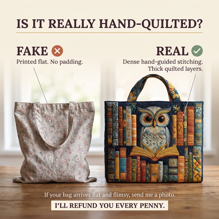 Artisan Tote - Owl and Vintage Books — hand-quilted authenticity check