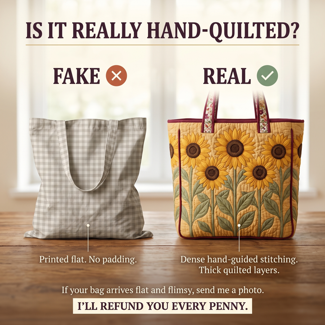 Classic Quilted Bag - Sunflowers — hand-quilted authenticity check
