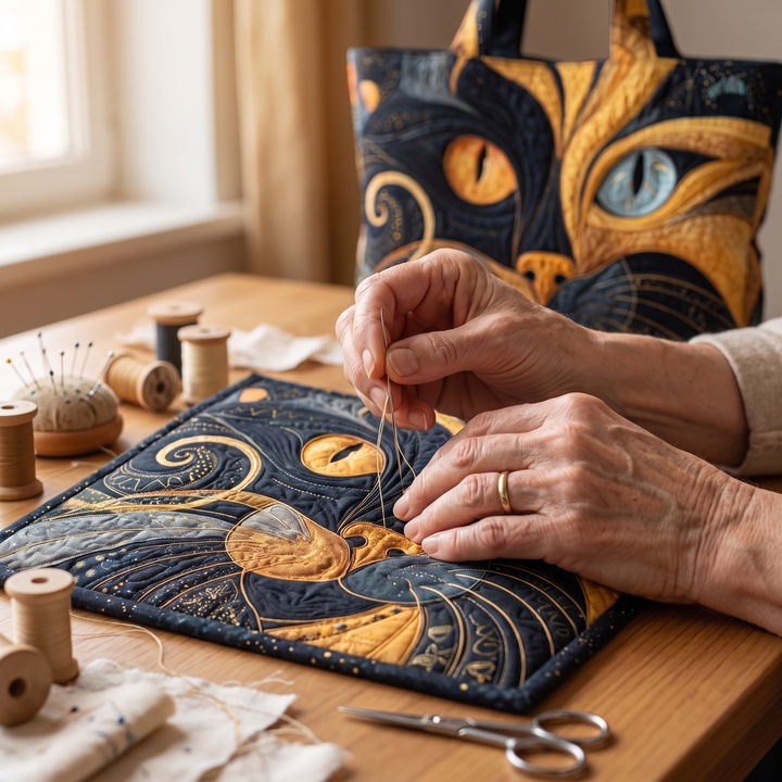Artisanal Bag - Mystic Cat — hand-quilting close-up