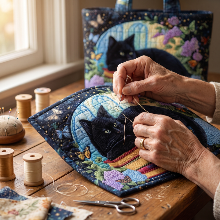 Artisanal Bag - Black Cat on Books — hand-quilting close-up