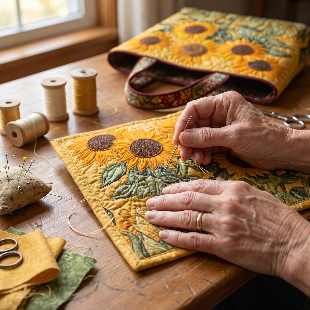 Classic Quilted Bag - Sunflowers — hand-quilting close-up
