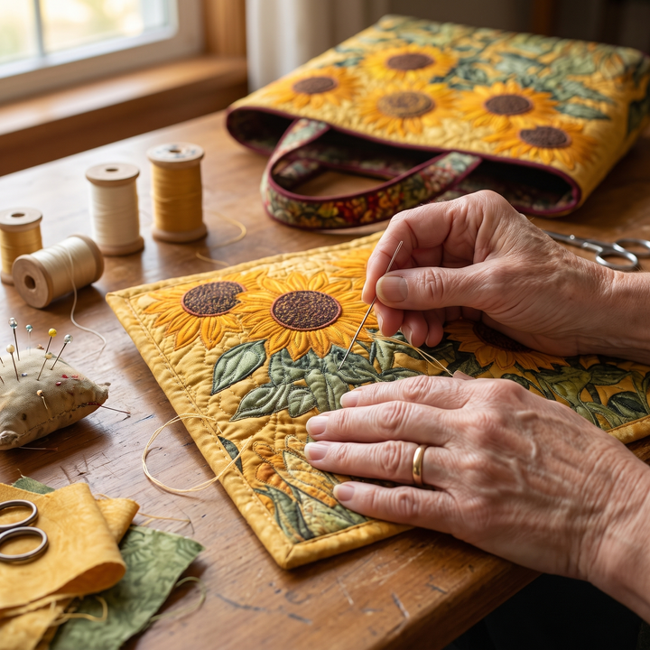 Classic Quilted Bag - Sunflowers — hand-quilting close-up