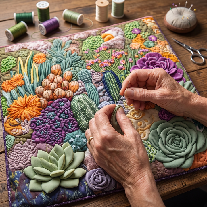Artisanal Tote Bag - Succulent Garden — hand-quilting close-up