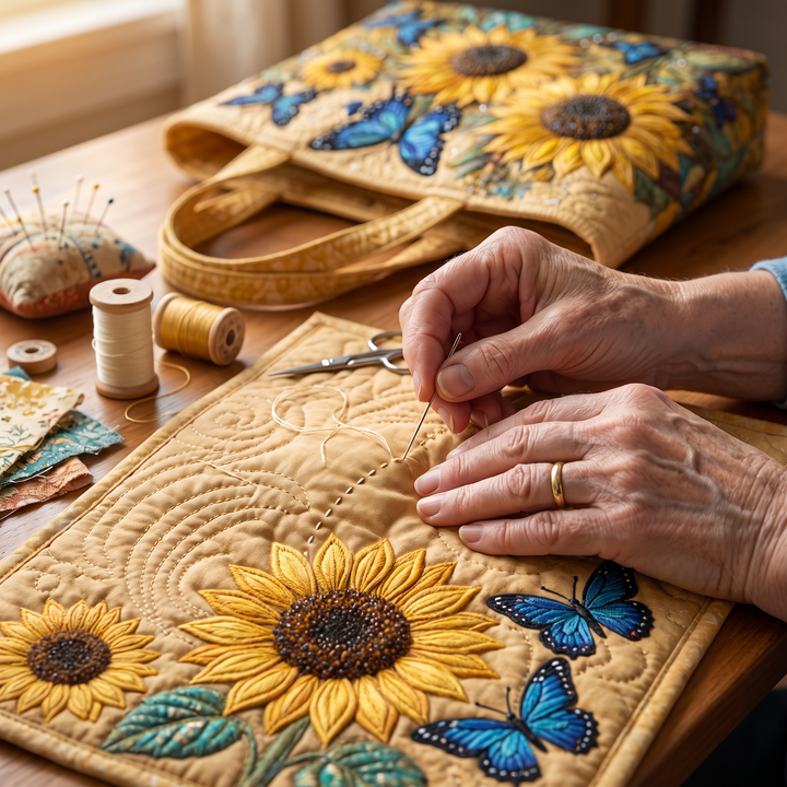 Artisan Bag - Sunflowers and Blue Butterflies — hand-quilting close-up