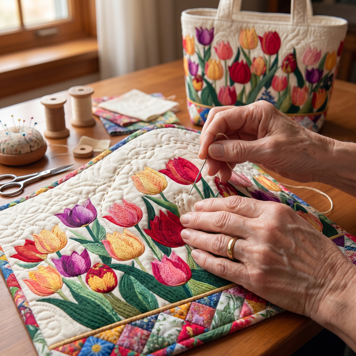 Quilted Tote Bag - Tulip Garden — hand-quilting close-up