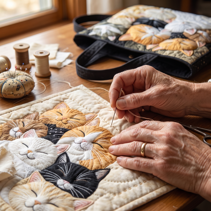 Artisanal Quilted Bag - Sleeping Kittens — hand-quilting close-up