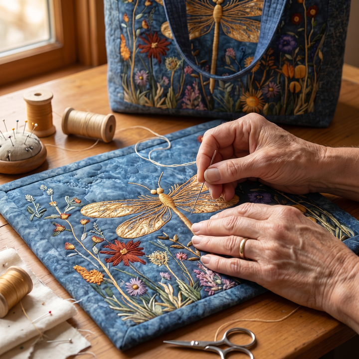 Quilted Bag - Golden Dragonfly — hand-quilting close-up