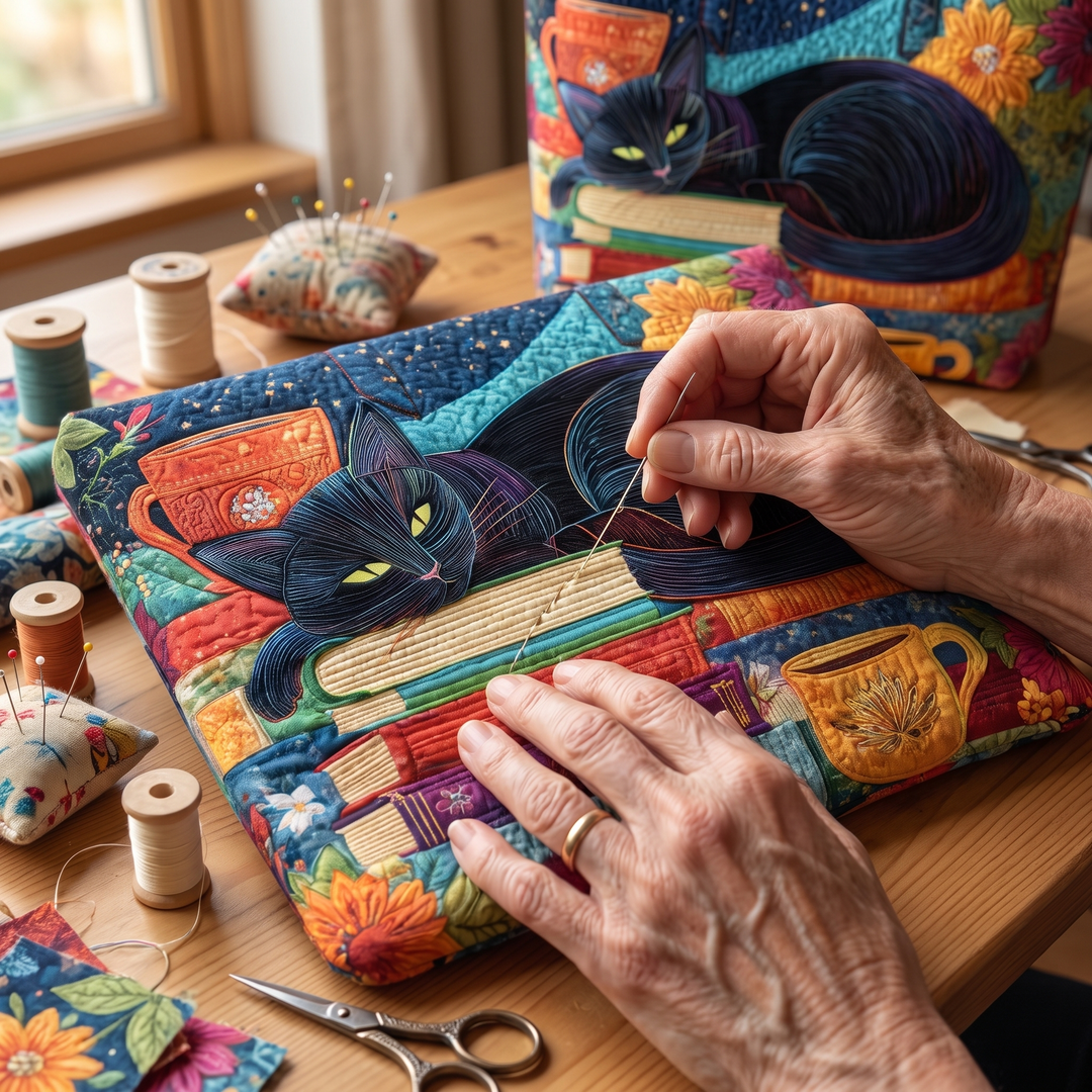 Artisan Bag - Black Cat with Books and Mugs — hand-quilting close-up