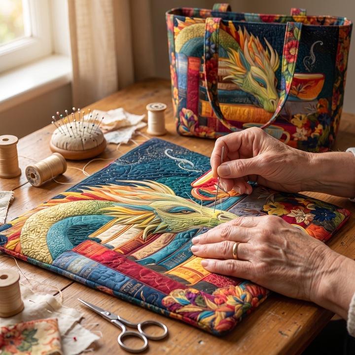 Artisan Bag - Dragon Reader with Books and Mugs — hand-quilting close-up