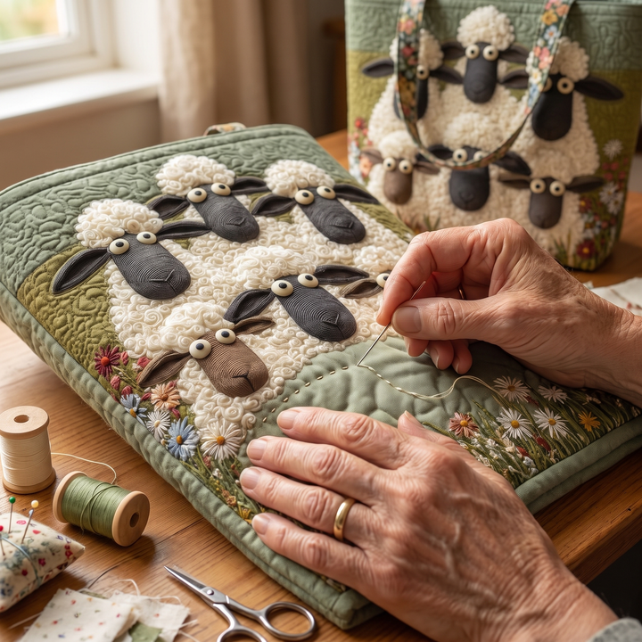 Artisan Bag - Five Sheep — hand-quilting close-up
