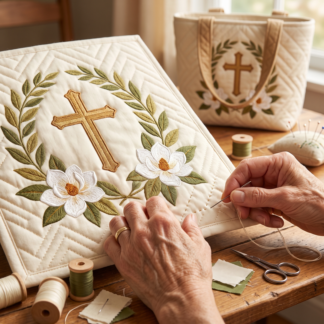 Artisanal Bag - Sacred Cross — hand-quilting close-up