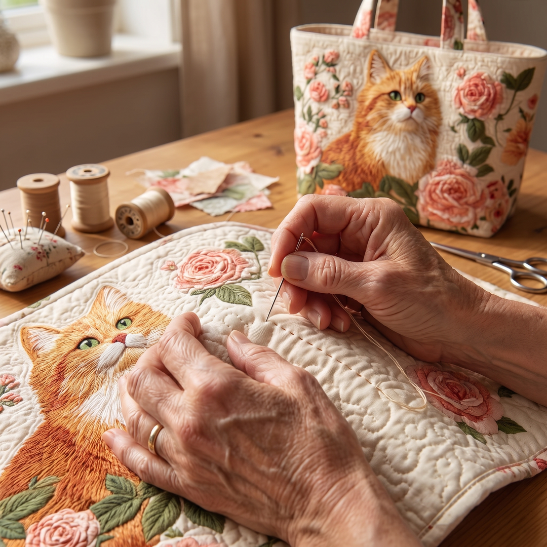 Artisan Bag - Orange Cat with Roses — hand-quilting close-up