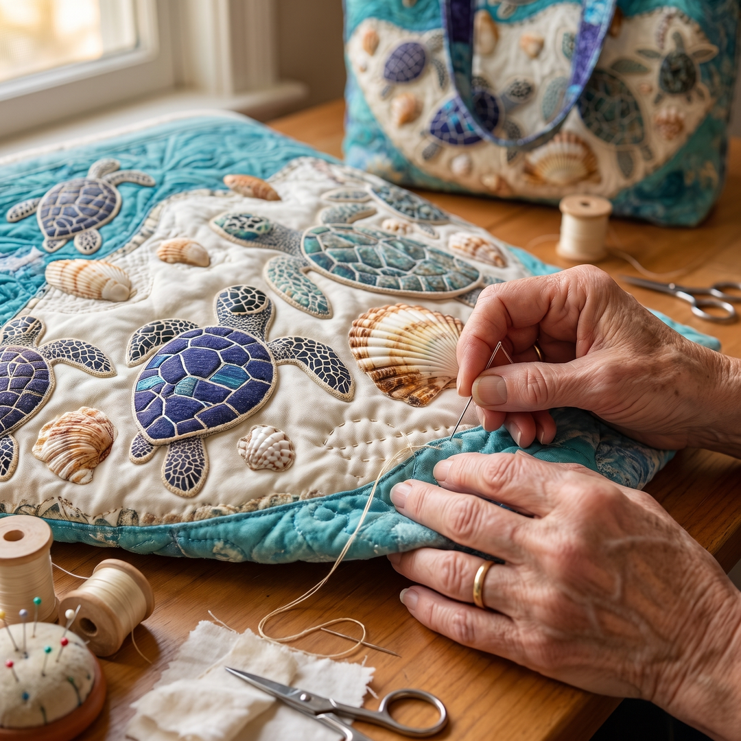 Artisanal Bag - Turtle Love — hand-quilting close-up