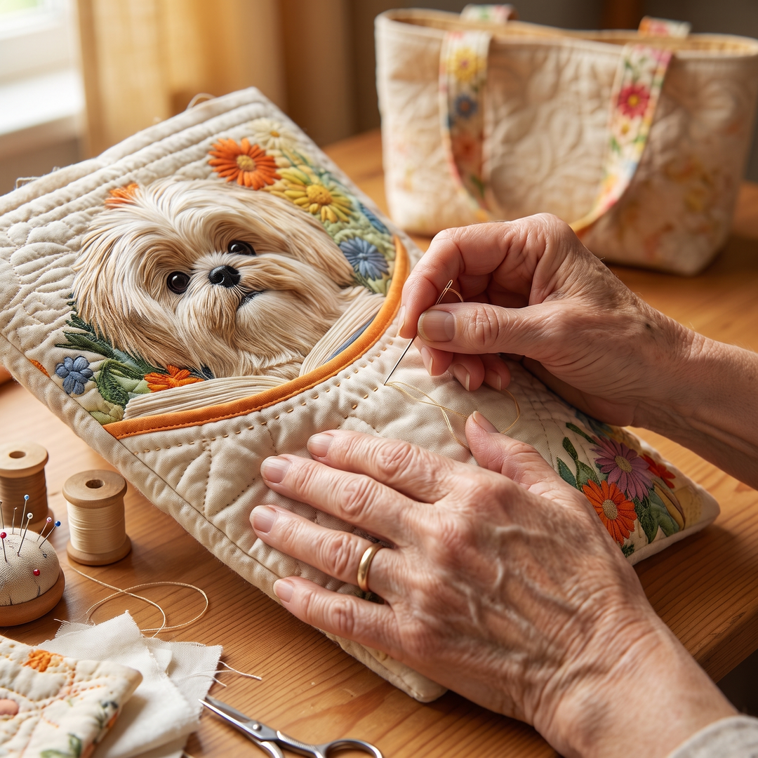 Artisanal Bag - Shih Tzu with Books and Flowers — hand-quilting close-up
