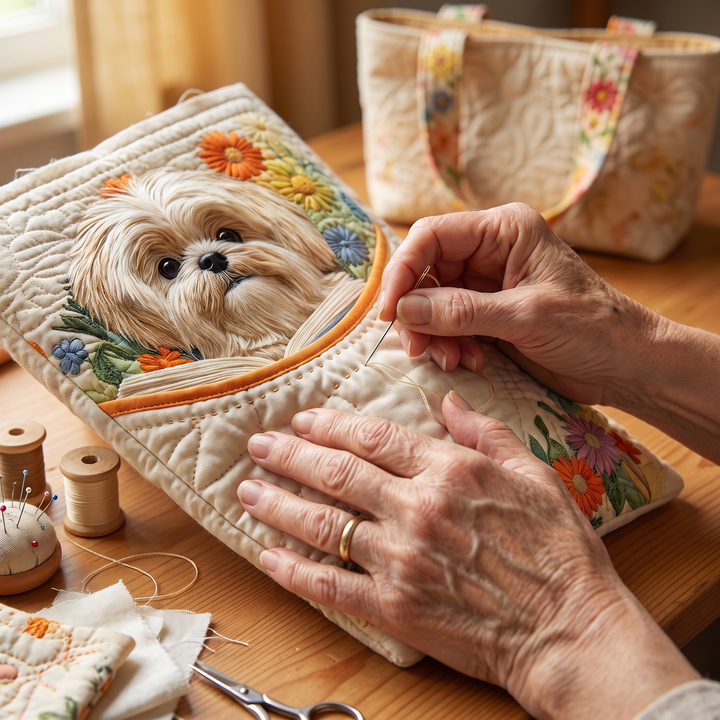 Artisanal Bag - Shih Tzu with Books and Flowers — hand-quilting close-up