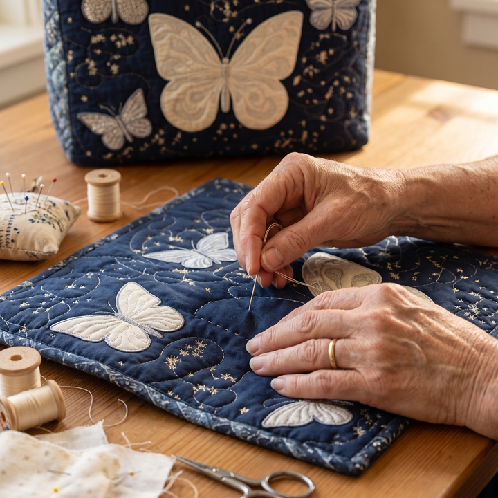Artisanal Bag - Silver Butterfly — hand-quilting close-up