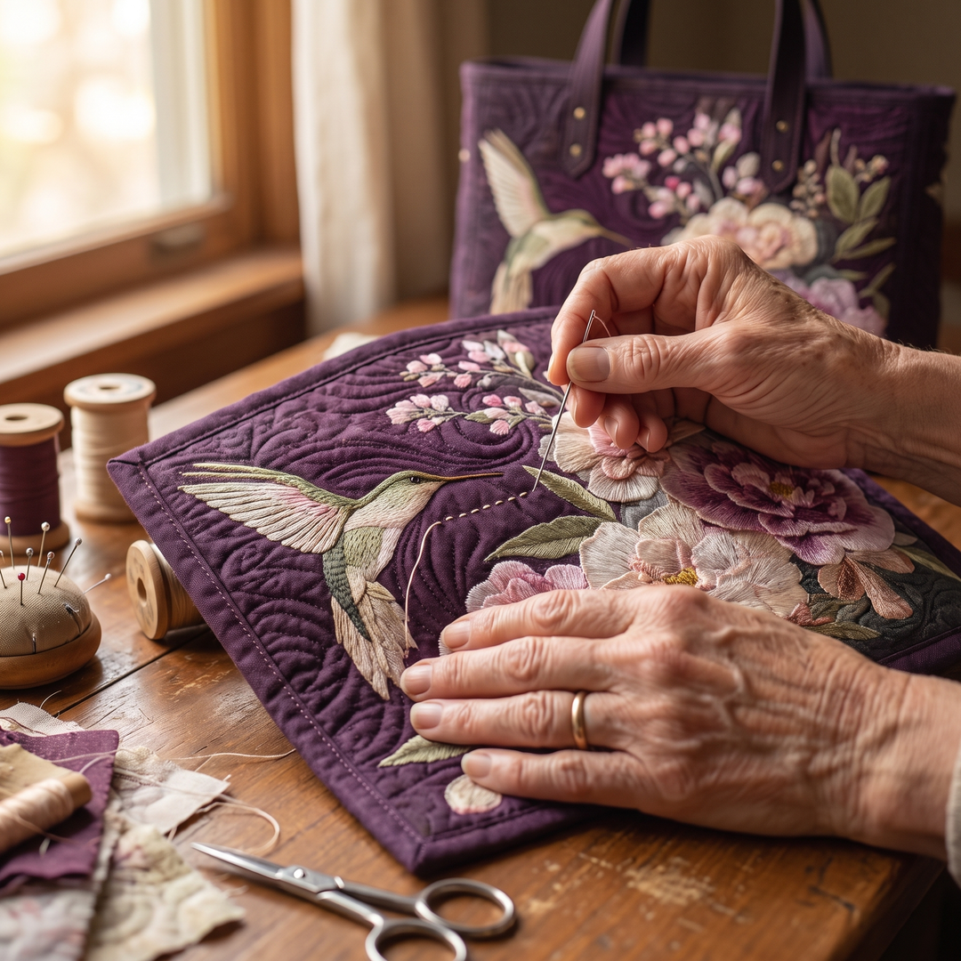Artisanal Quilted Bag - Hummingbirds and Orchids — hand-quilting close-up