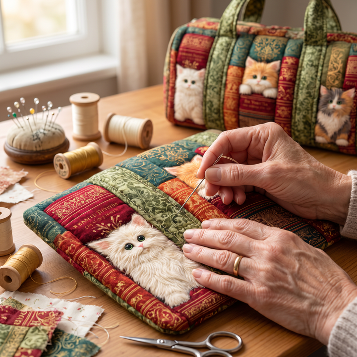 Cat Chapter Quilted Duffle Bag — hand-quilting close-up