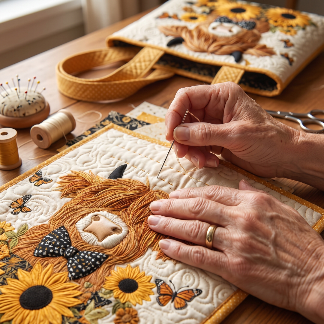 Quilted Bag - Highland Cow with Sunflowers — hand-quilting close-up