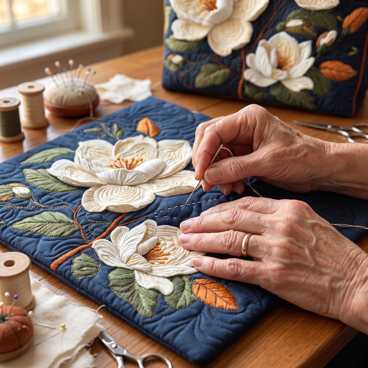 Artisan Quilted Bag - Delicate Magnolia — hand-quilting close-up