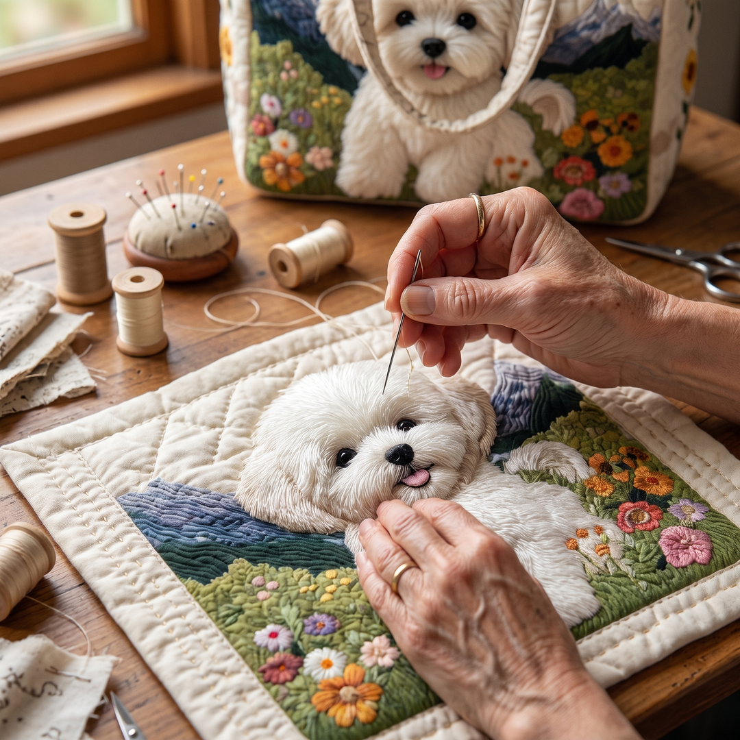 Artisan Quilted Bag - Enchanted Dog — hand-quilting close-up