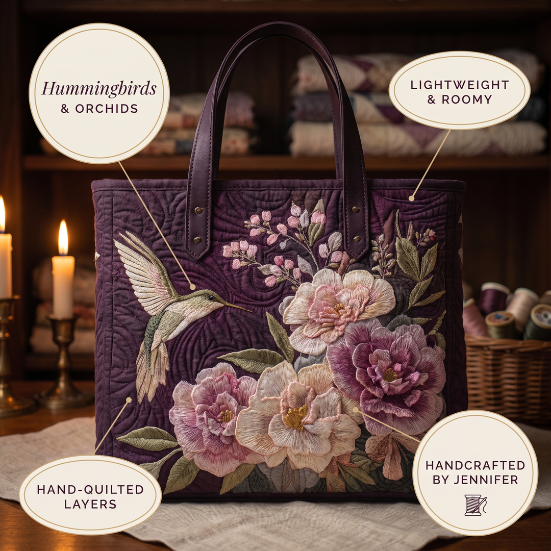 Artisanal Quilted Bag - Hummingbirds and Orchids — details