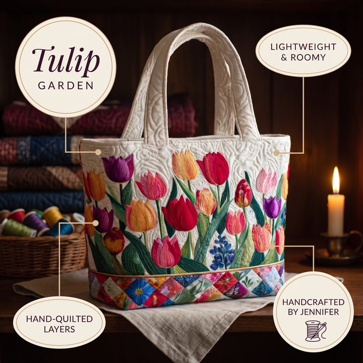 Quilted Tote Bag - Tulip Garden — details