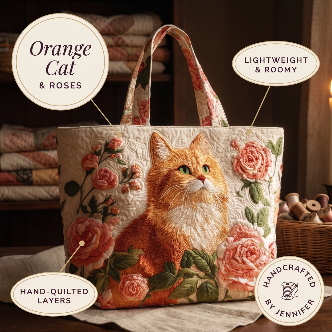 Artisan Bag - Orange Cat with Roses — details