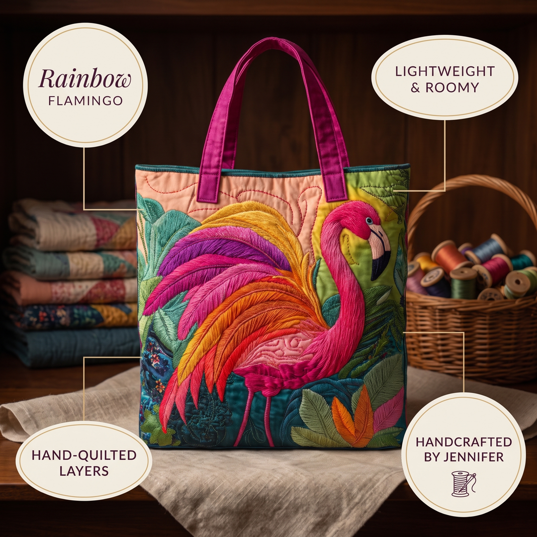 Quilted Tote Bag - Rainbow Flamingo — details
