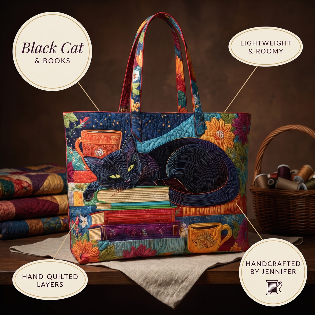 Artisan Bag - Black Cat with Books and Mugs — details