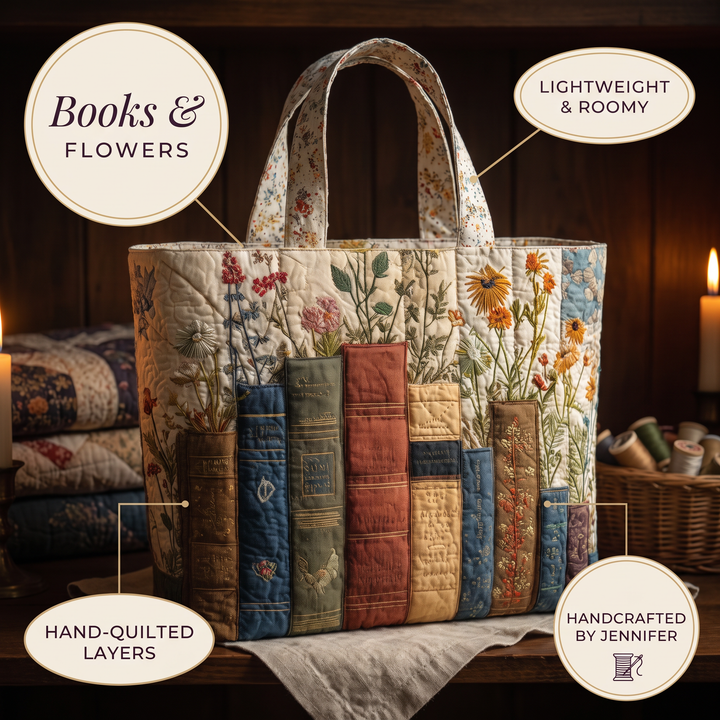Artisan Quilted Bag - Books and Flowers — details