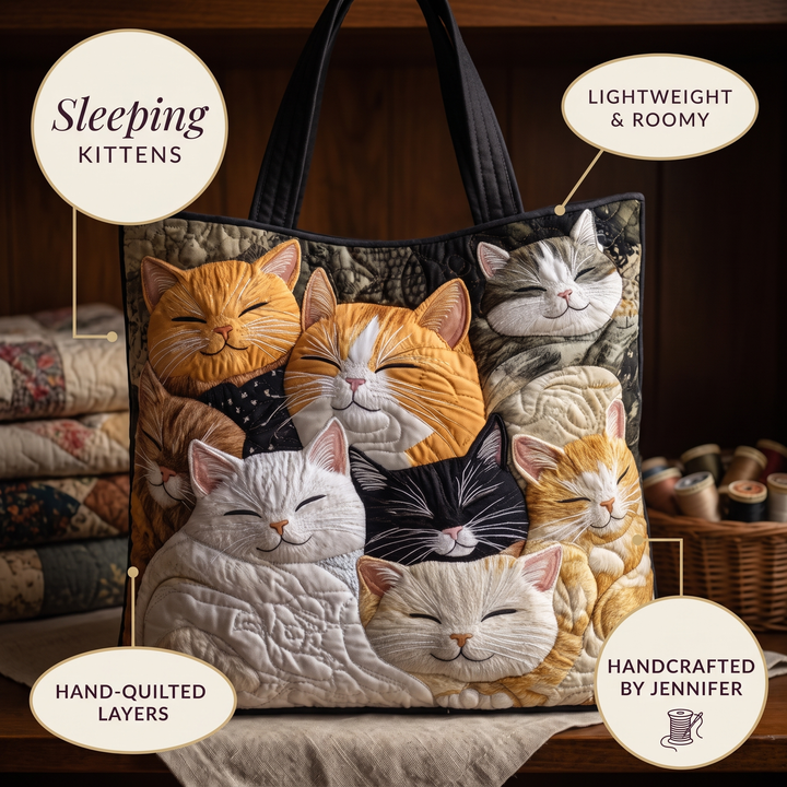 Artisanal Quilted Bag - Sleeping Kittens — details