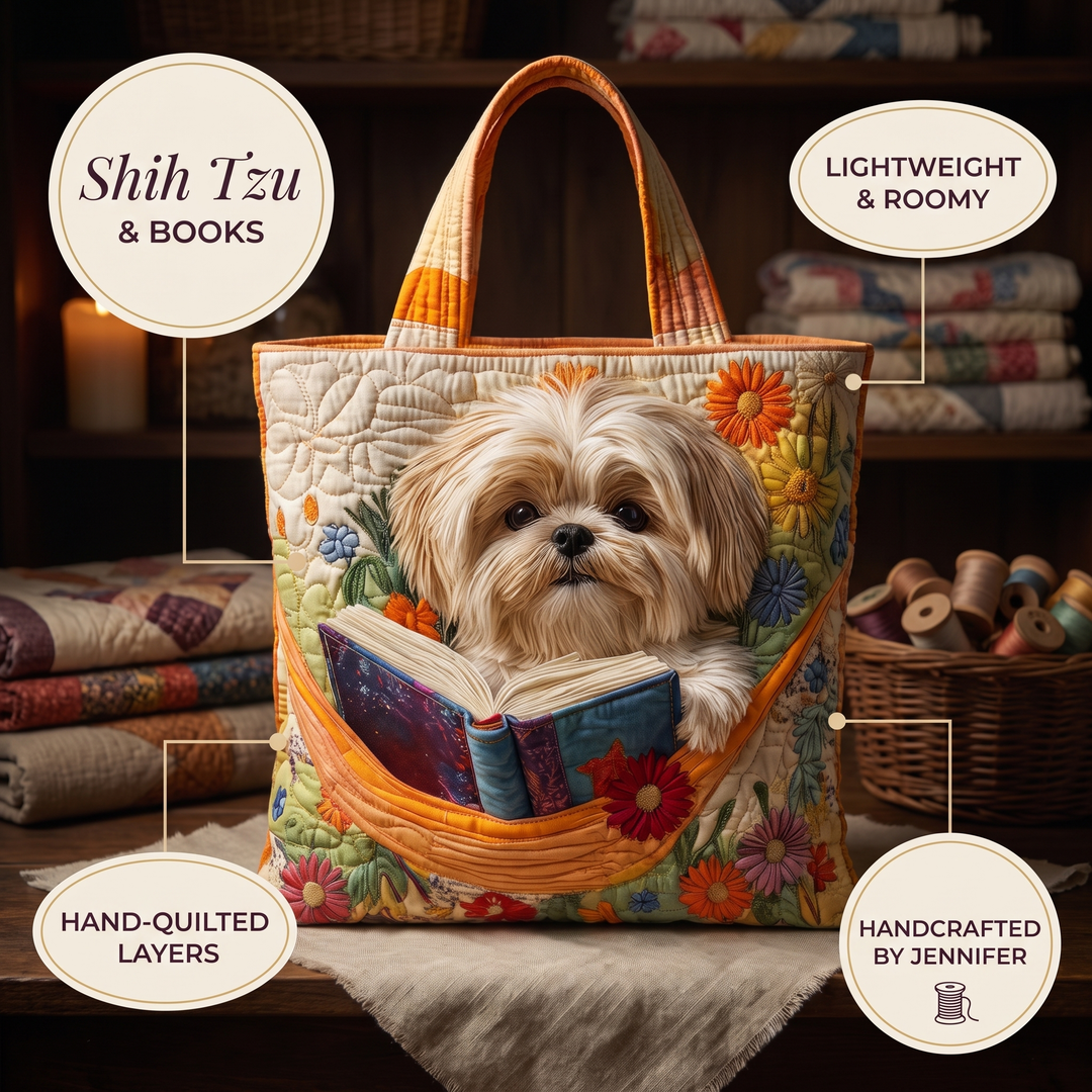Artisanal Bag - Shih Tzu with Books and Flowers — details